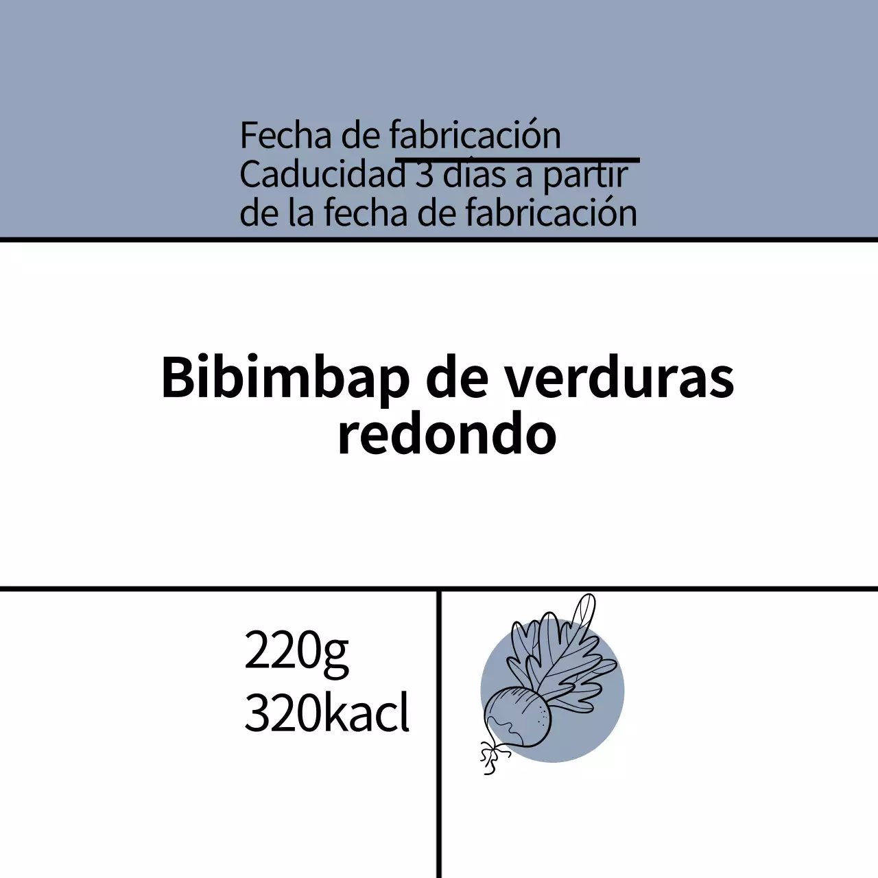 azul ilustración simple comida vegetal bibimbap etiqueta redonda