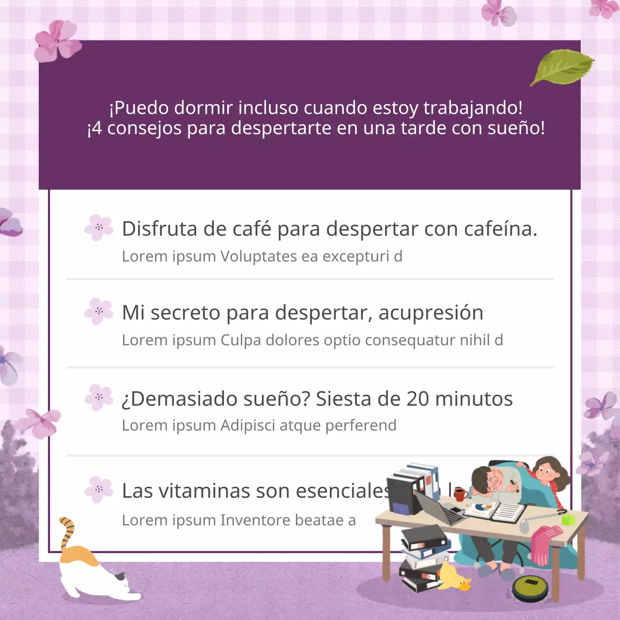 Un feed de Instagram con ilustraciones primaverales a cuadros morados para combatir la fiebre primaveral