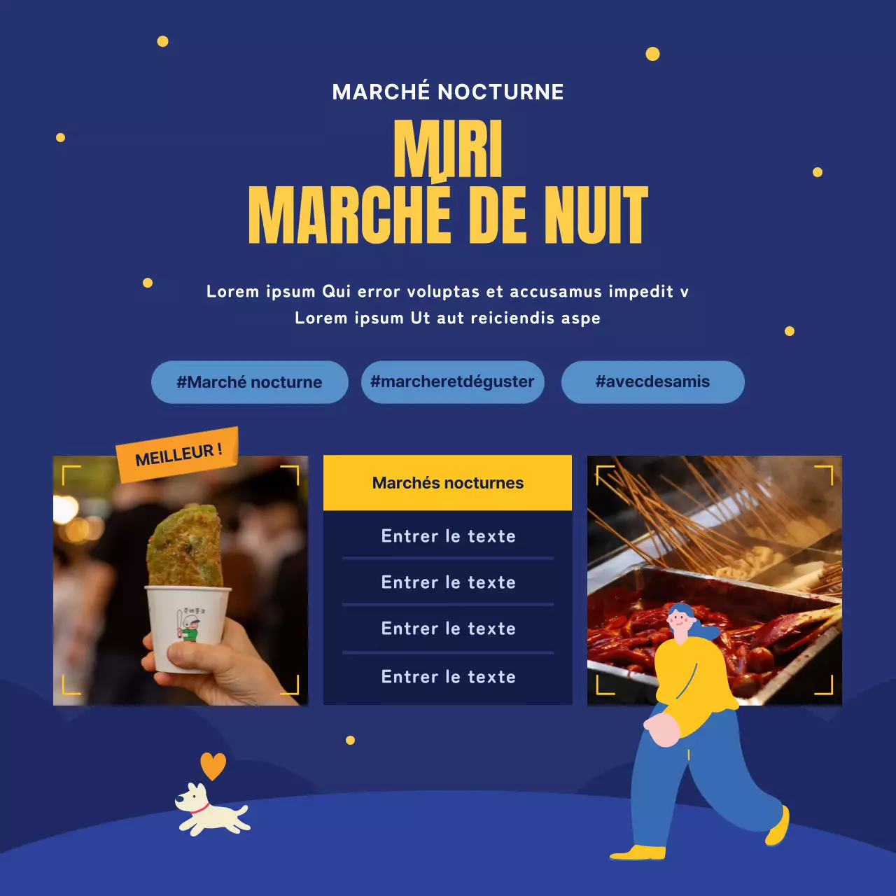 Guide des attractions nocturnes bleu marine et jaune
