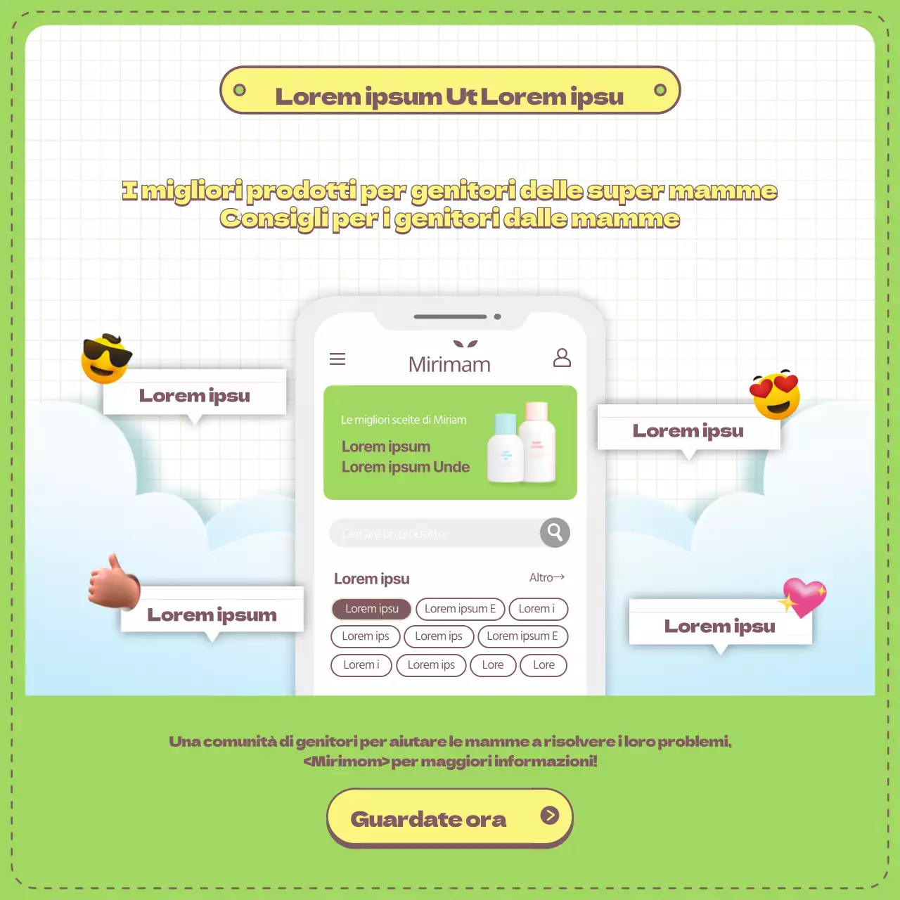 Suggerimenti per prevenire le irritazioni del bambino e consigli per gli articoli per i genitori, illustrati in verde chiaro e giallo.