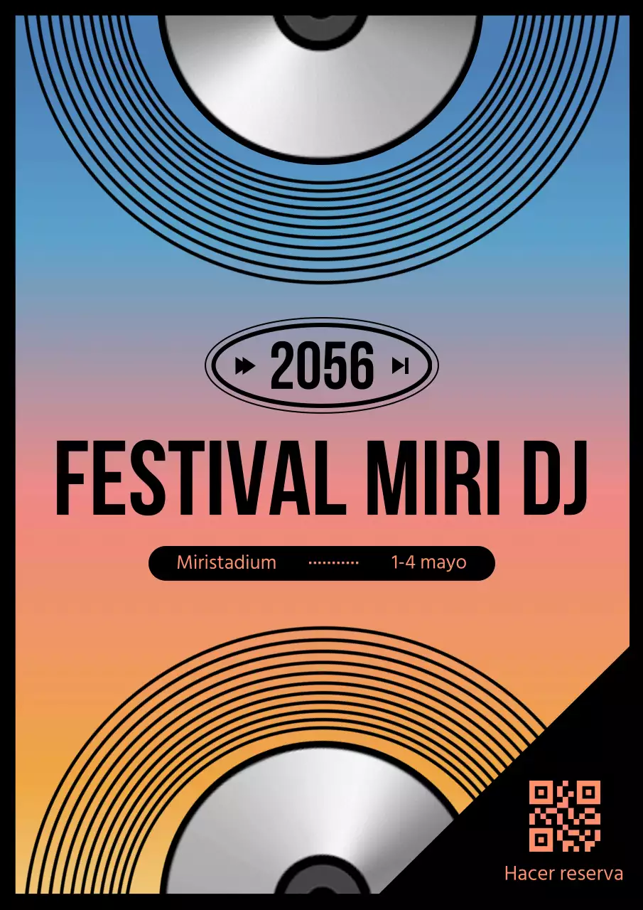 Festival de DJs destacando CDs sobre un fondo de cielo y degradado naranja