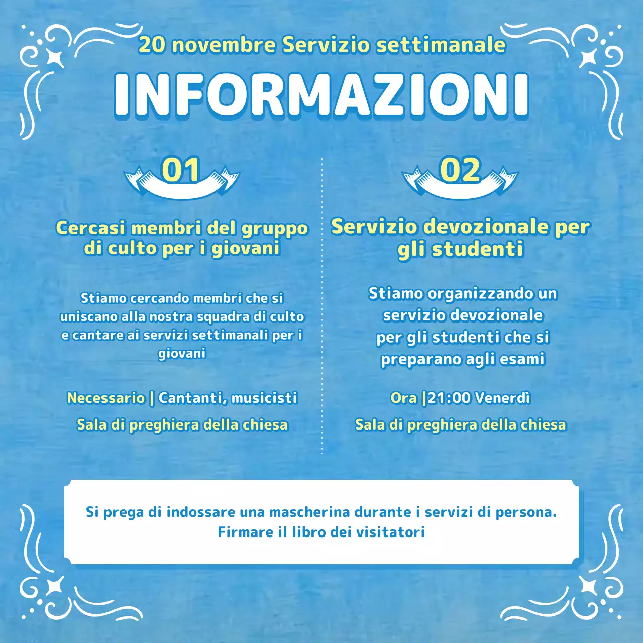 Bollettino di culto in tonalità blu chiaro con illustrazioni cristiane