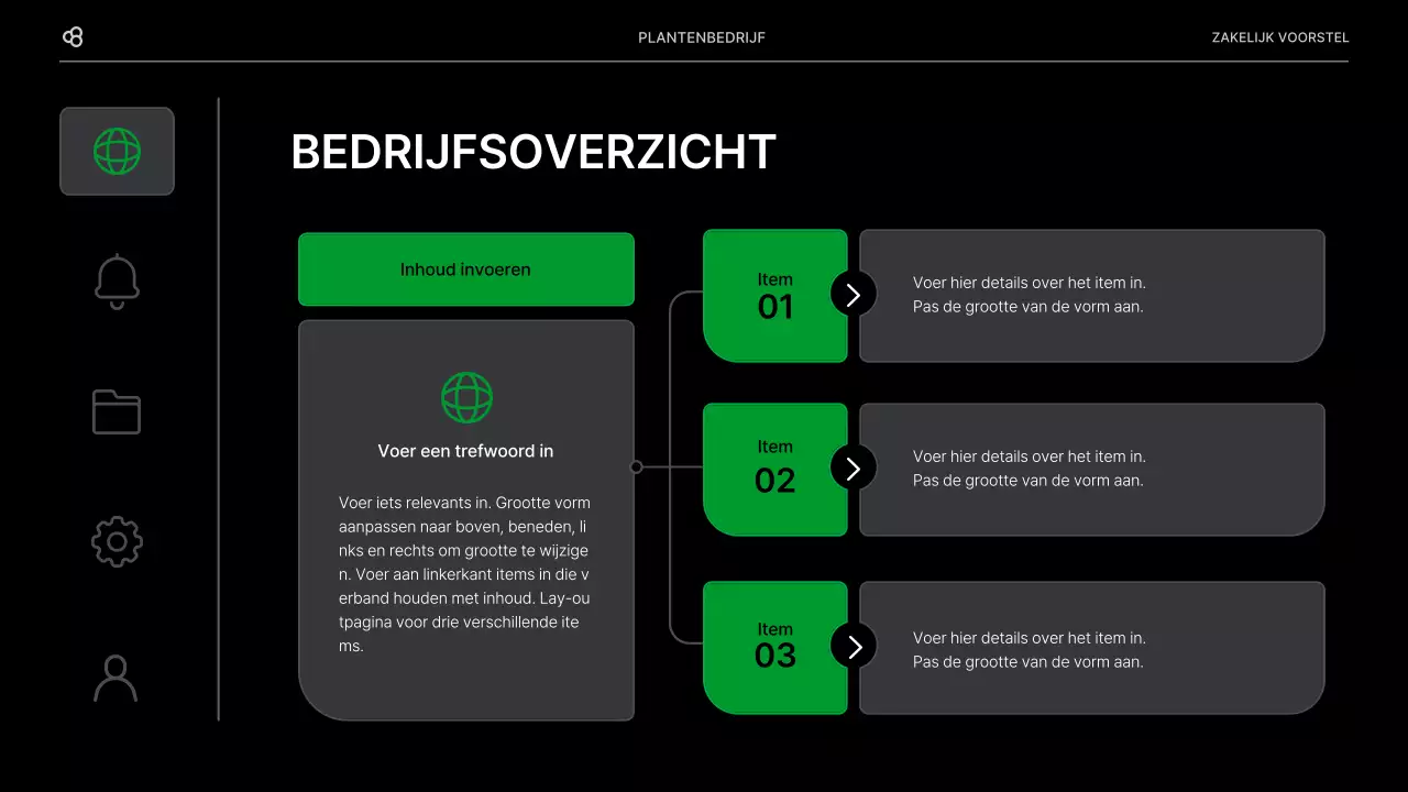 Zakelijk zakelijk voorstel in zwart en groen natuurlijk bladconcept