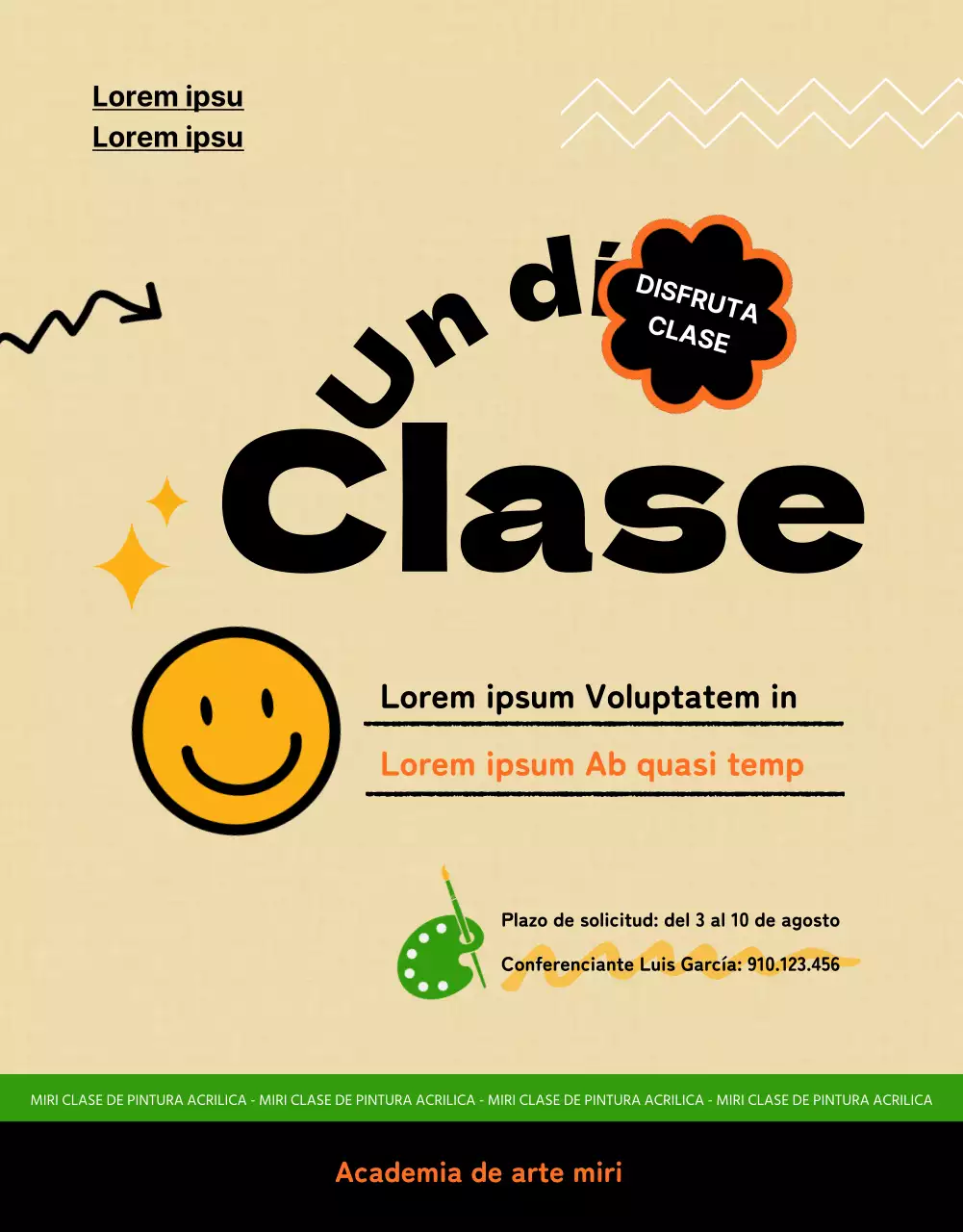 Anuncio de una clase de arte de un día con un toque de beige y azul