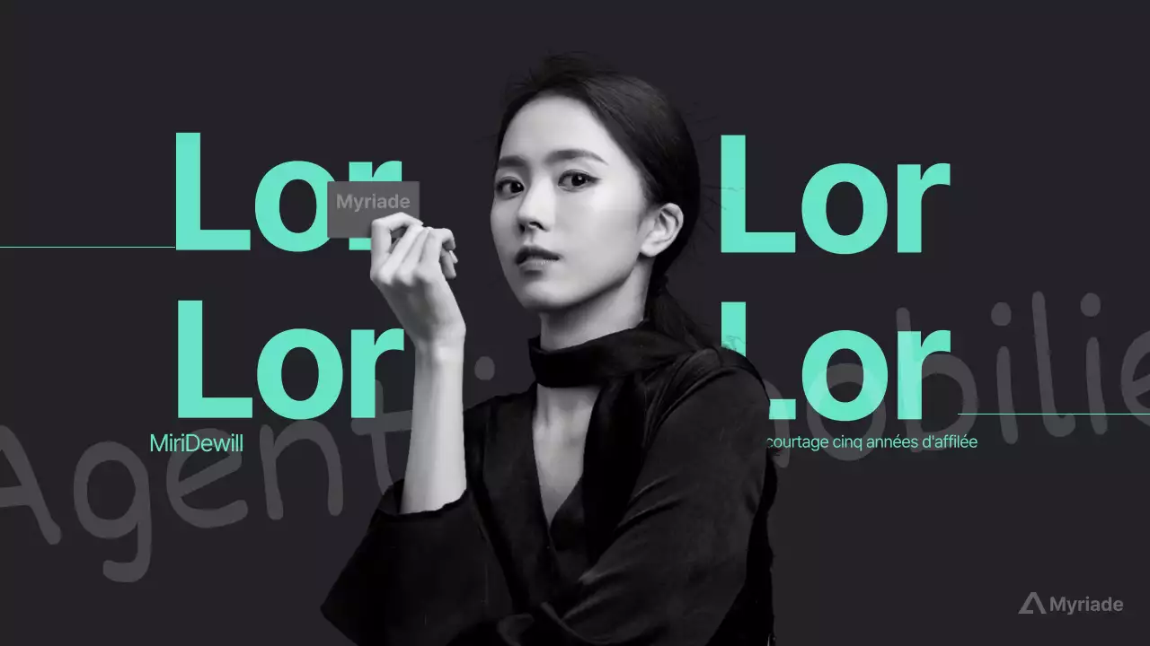 Vignette YouTube d'un modèle féminin tenant des cartes de visite avec un agent immobilier, papier à lettres couleur menthe sur fond noir