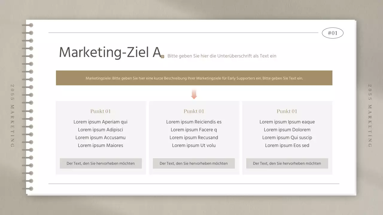 Sitzungsprotokoll einer Marketingstudie in einem einfachen beigen Notizbuch