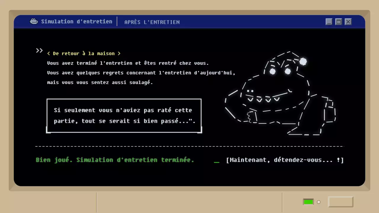 Simulation d'entretien d'embauche avec un concept de jeu de boue rétro noir