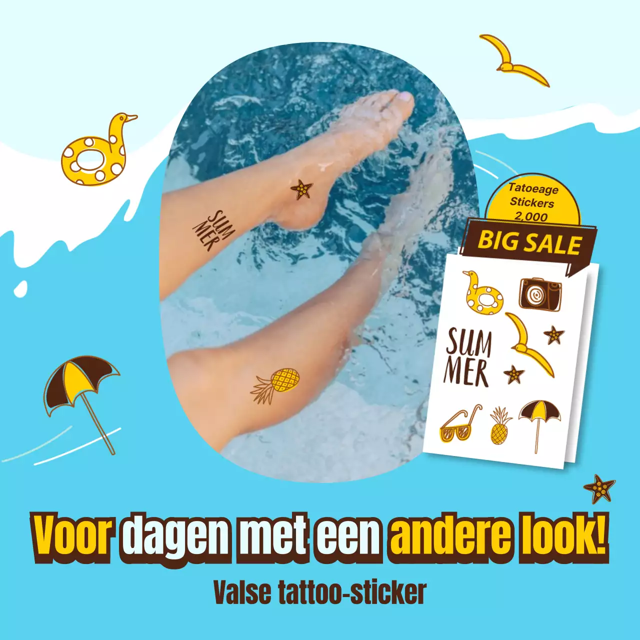Nep tatoeage stickers met een vrolijke zomer oceaan golf illustratie concept