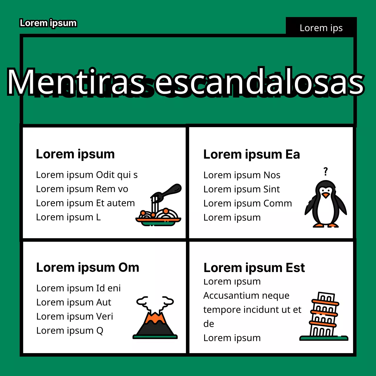 Las mentiras del Día de los Inocentes TMI en una simpática, divertida, plana y sencilla ilustración de Pinocho en verde y naranja.