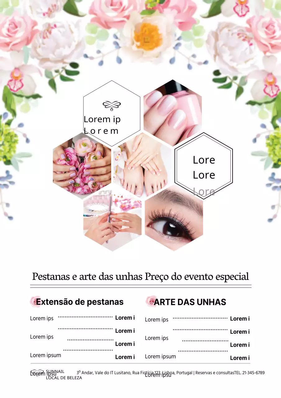 Evento aberto de conceito romântico com ilustrações florais cor-de-rosa e fotografias de nail art