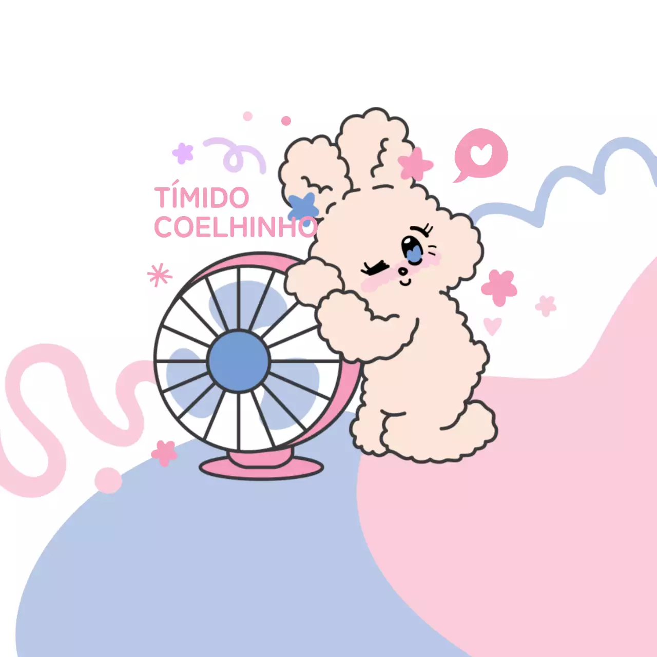 Artigos personalizados com personagens de coelhinhos e ilustrações de fãs em tons rosa e pastel.