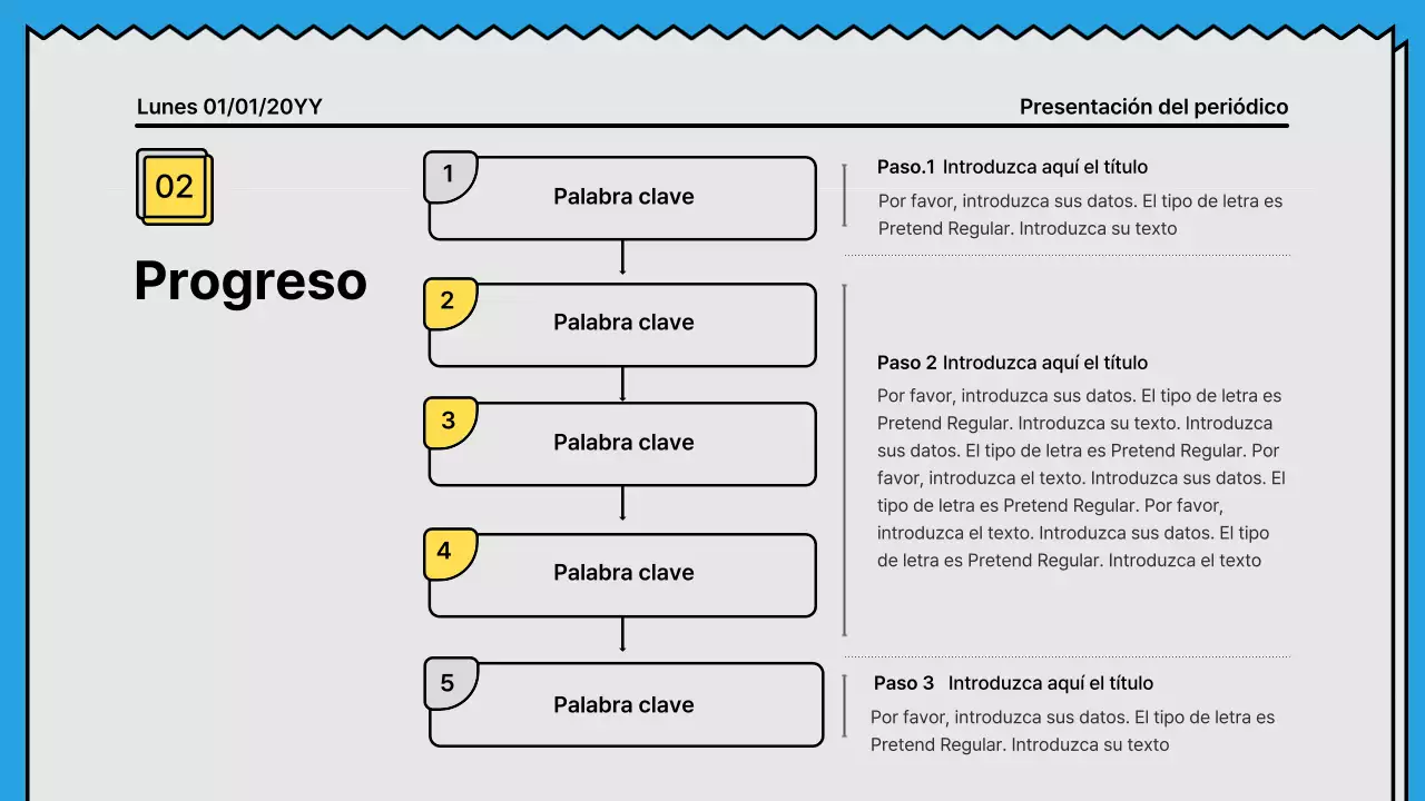 Líneas atrevidas y presentación llamativa en un concepto de periódico con acentos en amarillo y azul claro.