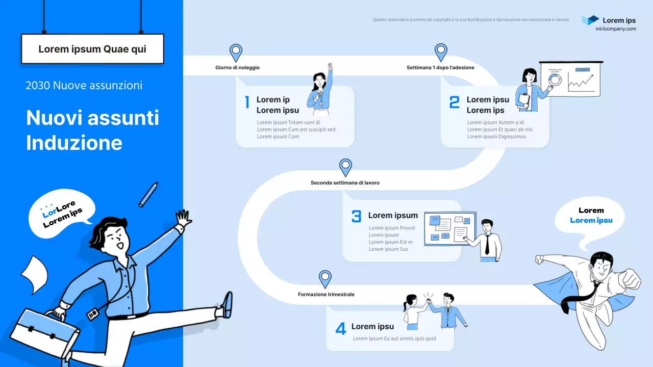 Tabella di marcia per l'onboarding dei nuovi assunti con simpatiche illustrazioni blu