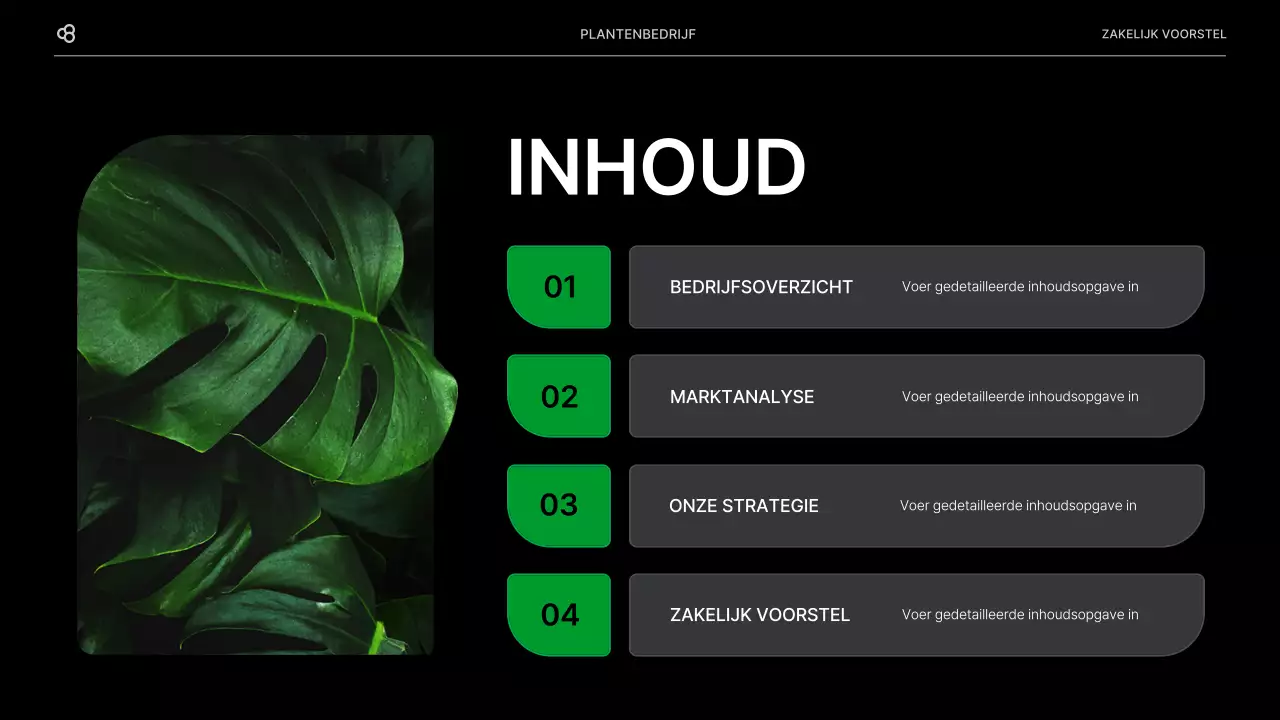 Zakelijk zakelijk voorstel in zwart en groen natuurlijk bladconcept