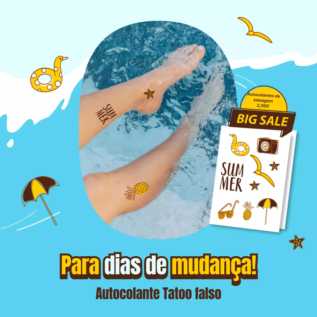 Autocolantes para tatuagens falsas com um conceito de ilustração de uma alegre onda do mar de verão
