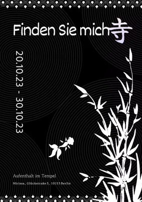 Ruhige und schlichte Werbegrafik für den Tempelaufenthalt mit schwarz-weißen Tuschezeichnungen in Schwarz und Weiß.