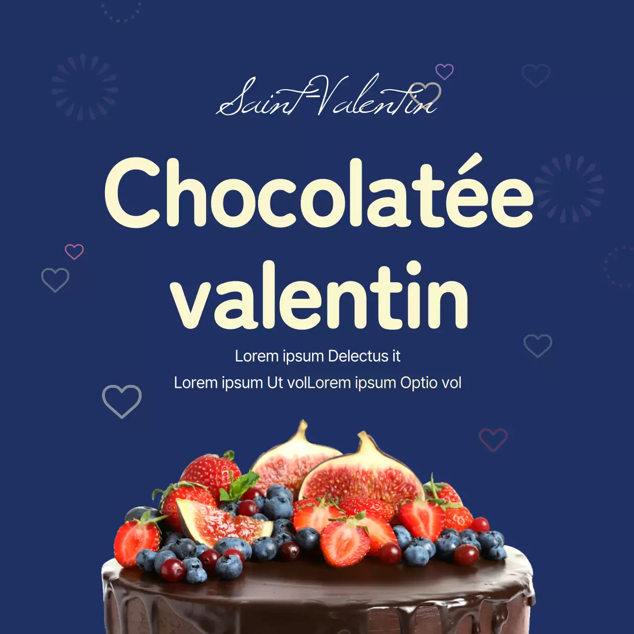 Un gâteau au chocolat de la Saint-Valentin soigné en bleu et jaune