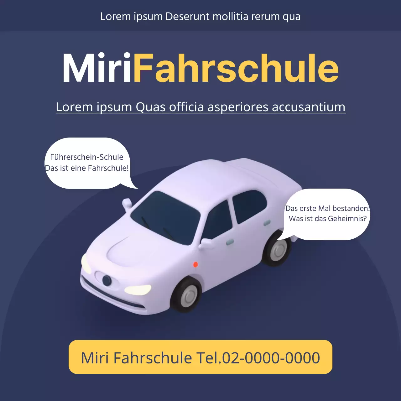 Werben Sie für Ihre Fahrschule mit diesem niedlichen marineblauen und gelben Banner zur Straßenverkehrsordnung.