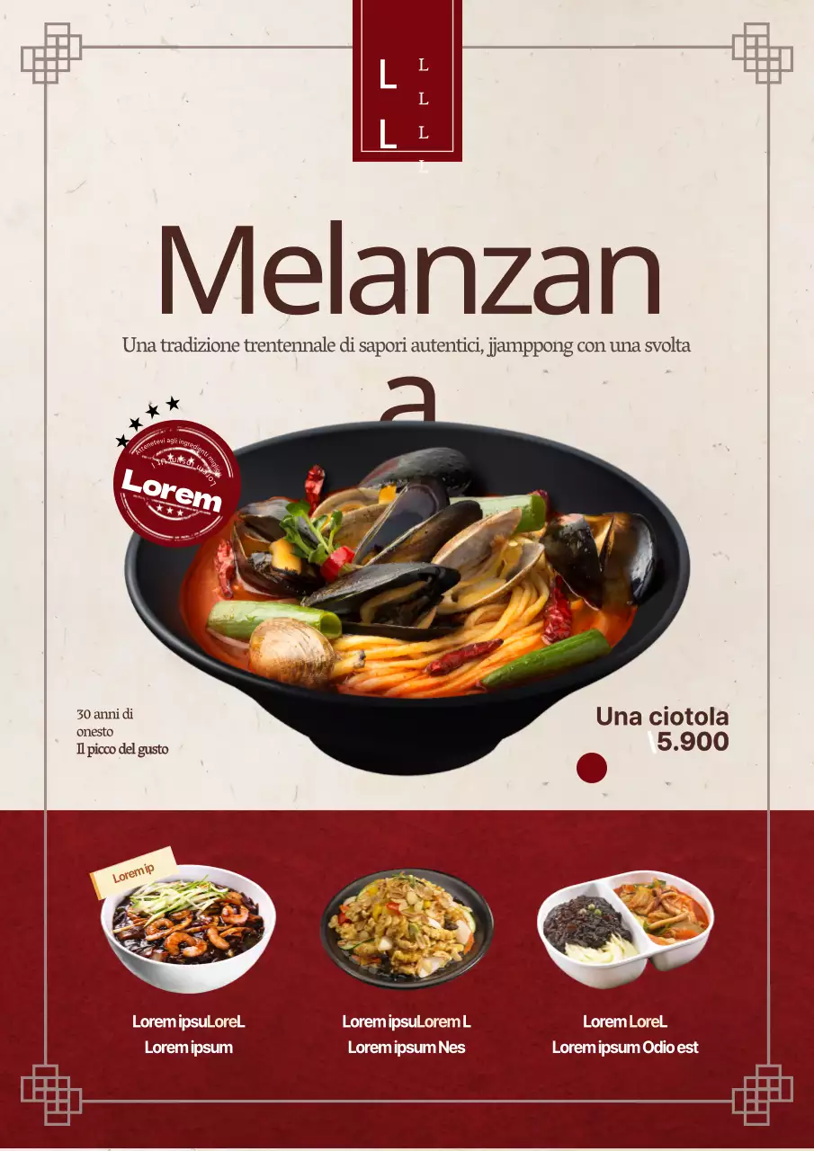 Volantino che consiglia il menu di un ristorante di ramen di concezione tradizionale