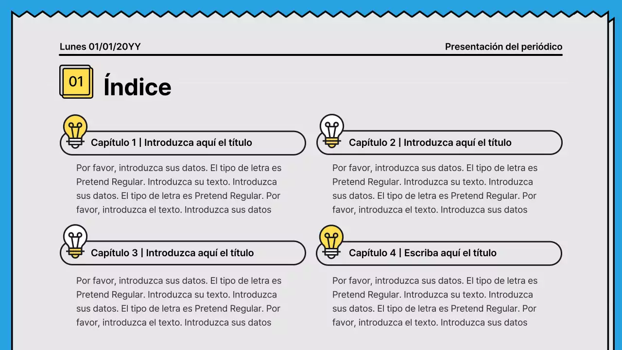 Líneas atrevidas y presentación llamativa en un concepto de periódico con acentos en amarillo y azul claro.