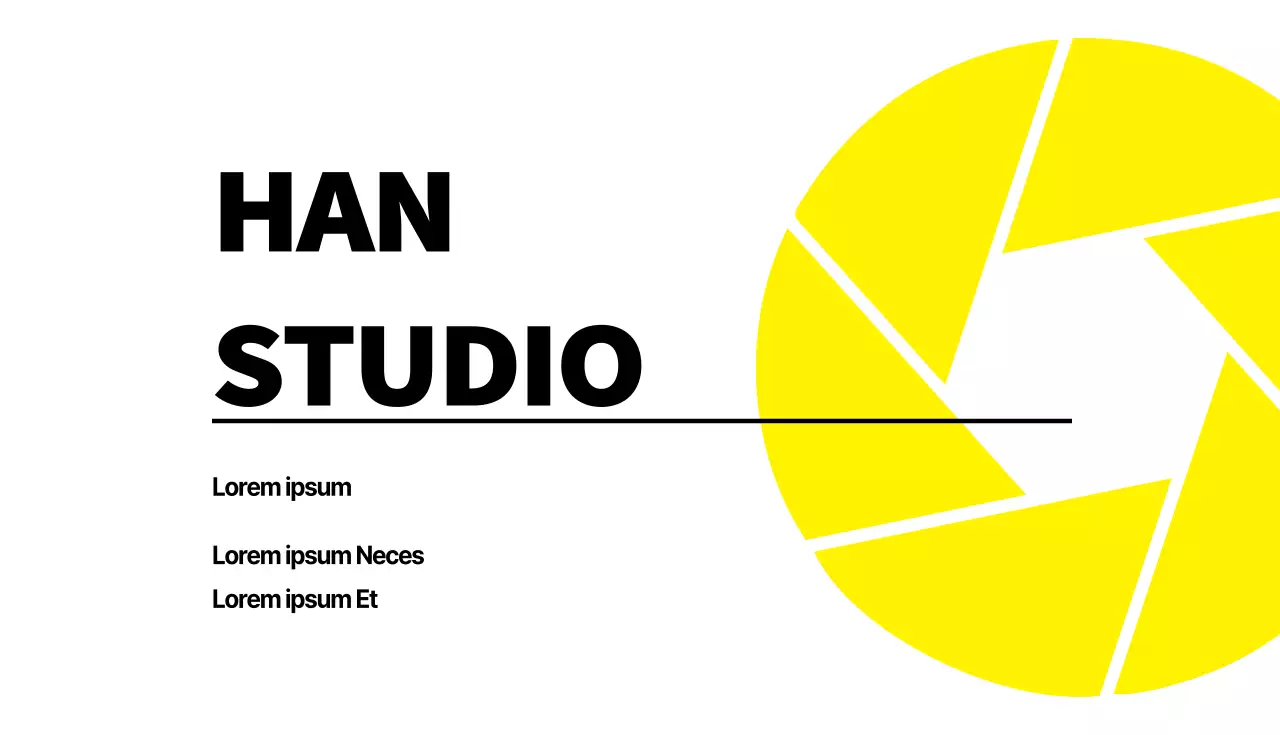 Tarjeta de visita de fotógrafo con icono de apertura de cámara en blanco y amarillo