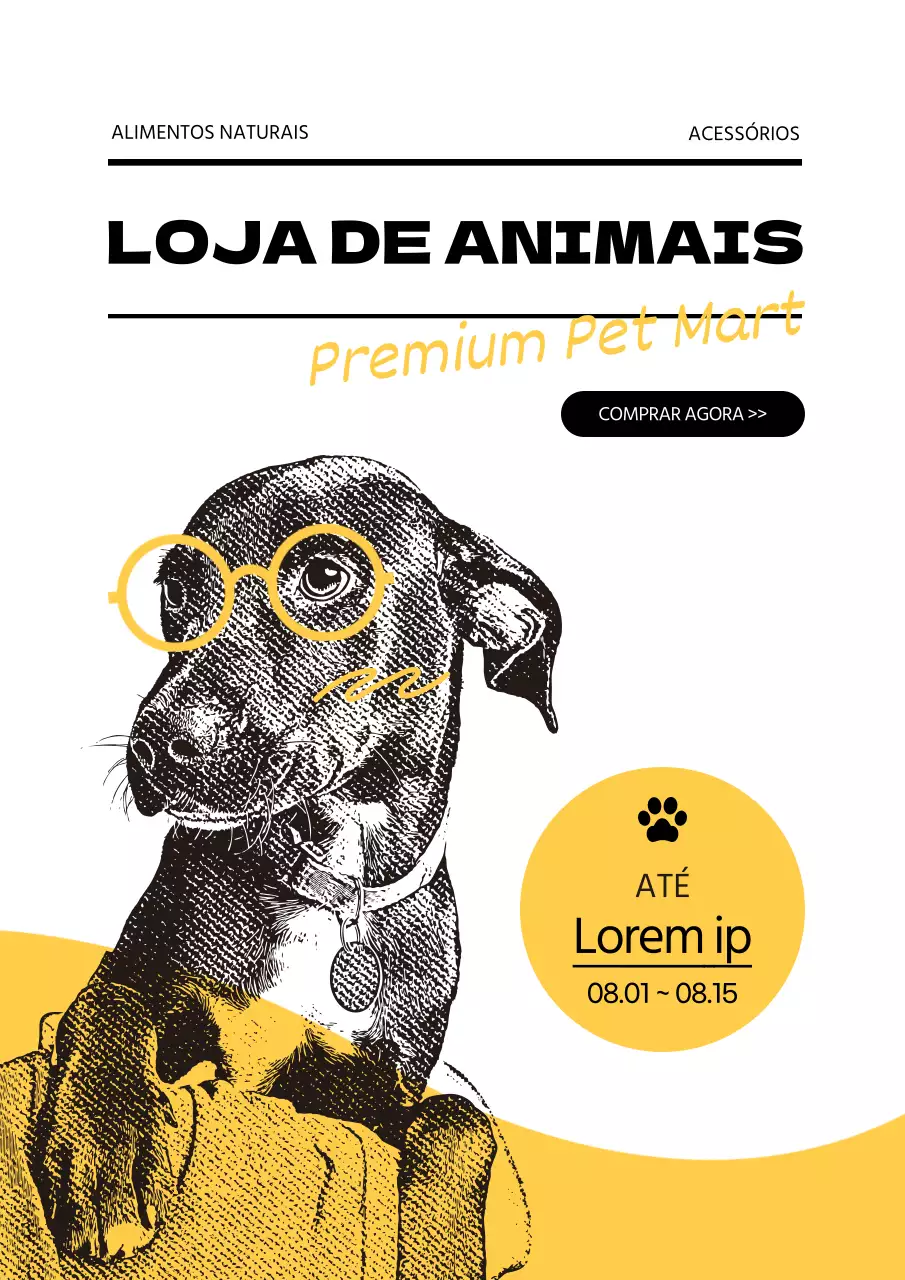 Cartaz amarelo vintage a promover um evento de saldos numa loja de artigos para cães