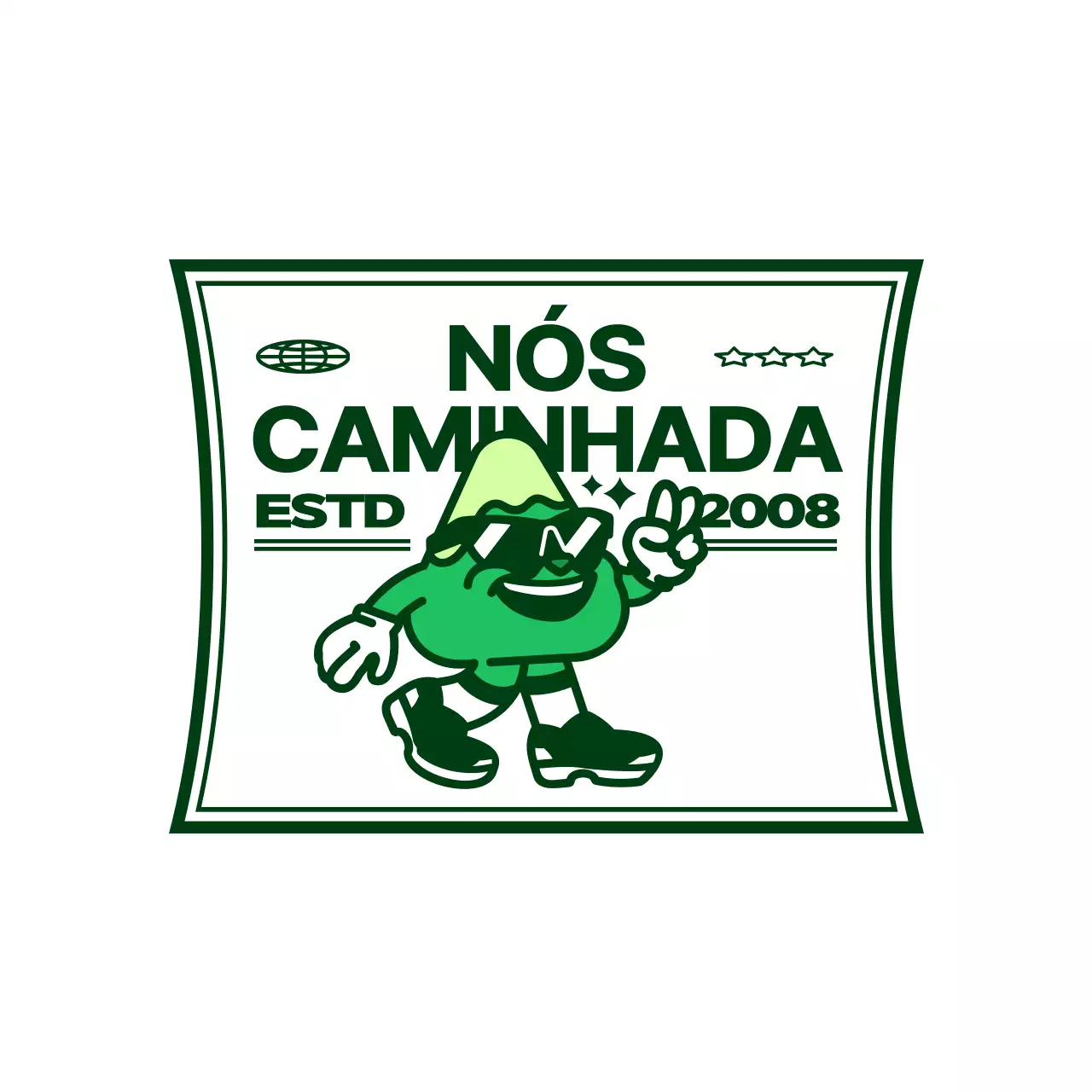 Presente de clube em estilo logótipo com uma personagem de montanha gira e moderna em verde e branco.
