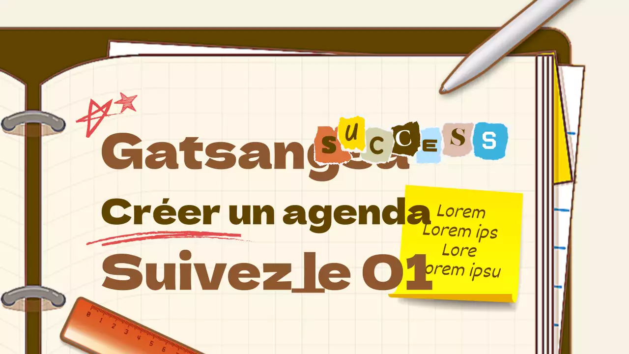 Illustration de fournitures de bureau blanc cassé et marron, concept d'agenda, thème de l'écriture