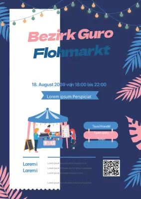 Werbung für einen Flohmarkt in Marineblau und Rosa mit botanischen Blattillustrationen