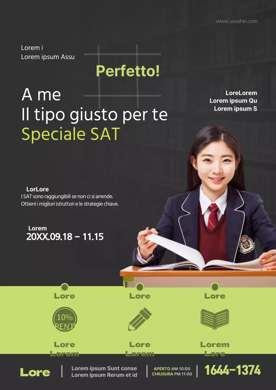 Promuovere lezioni speciali con foto in verde e nero degli studenti che studiano