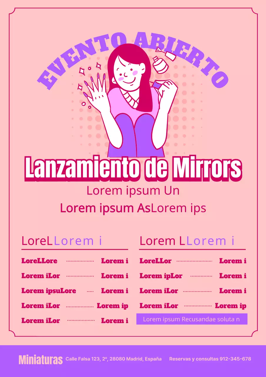 Bonito evento de inauguración de una tienda de nail art con ilustraciones de gente haciendo nail art rosa