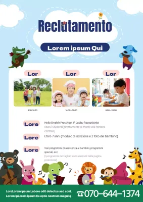 Simpatica promozione per l'assunzione all'asilo con illustrazioni di animali che suonano strumenti musicali in blu.