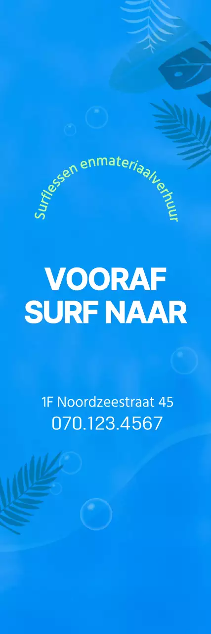 Eenvoudige oceaanillustratie in blauw en chartreuse voor informatie en promotie over surfen