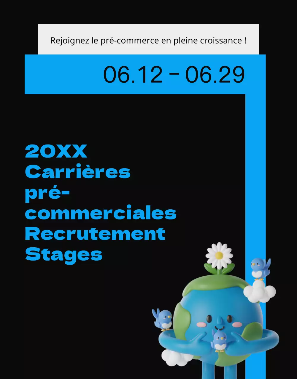 Bleu et noir, concept de brochure simple et épuré pour le recrutement de stagiaires