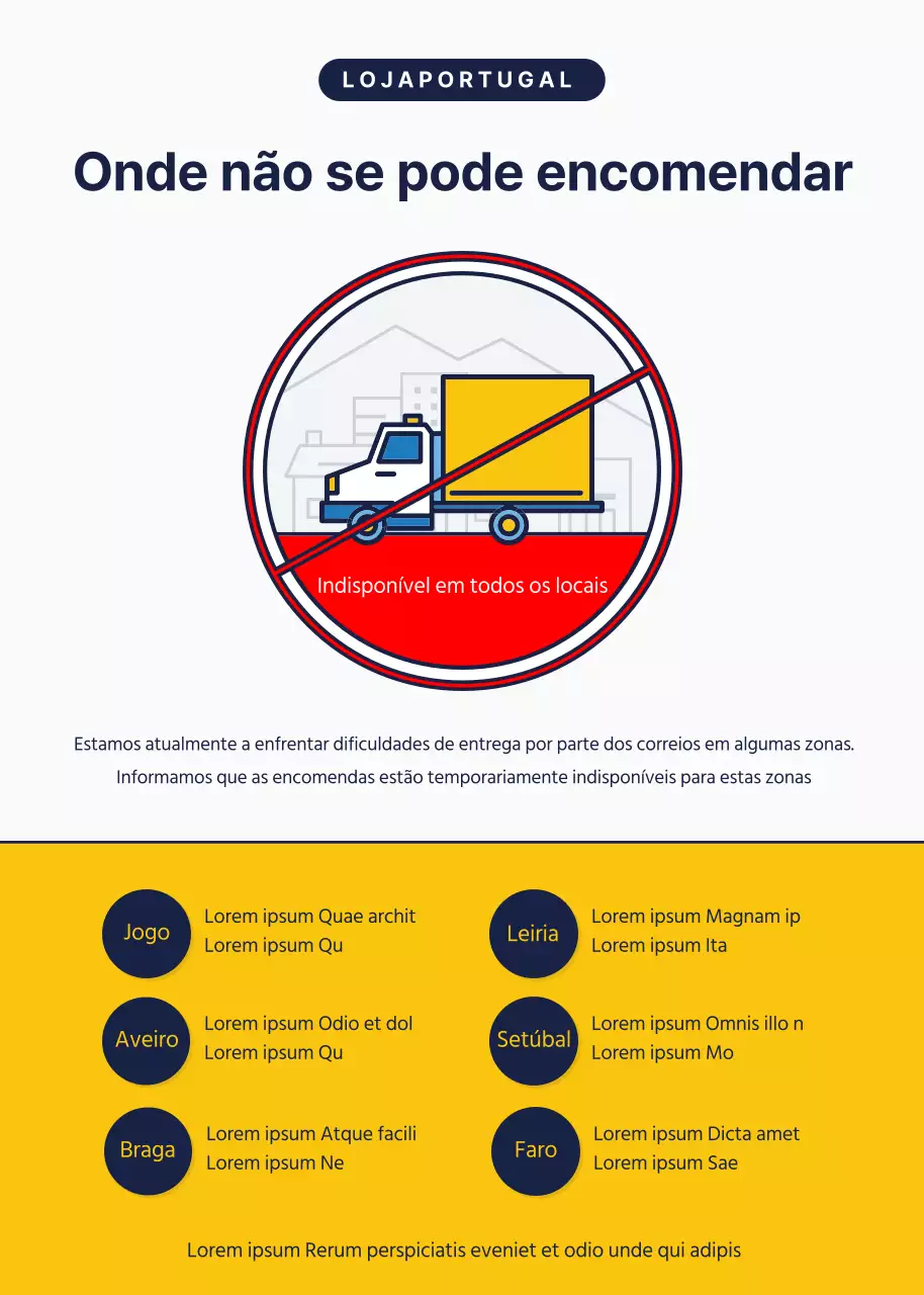 Regiões indisponíveis destacadas com um ícone de correio azul e amarelo