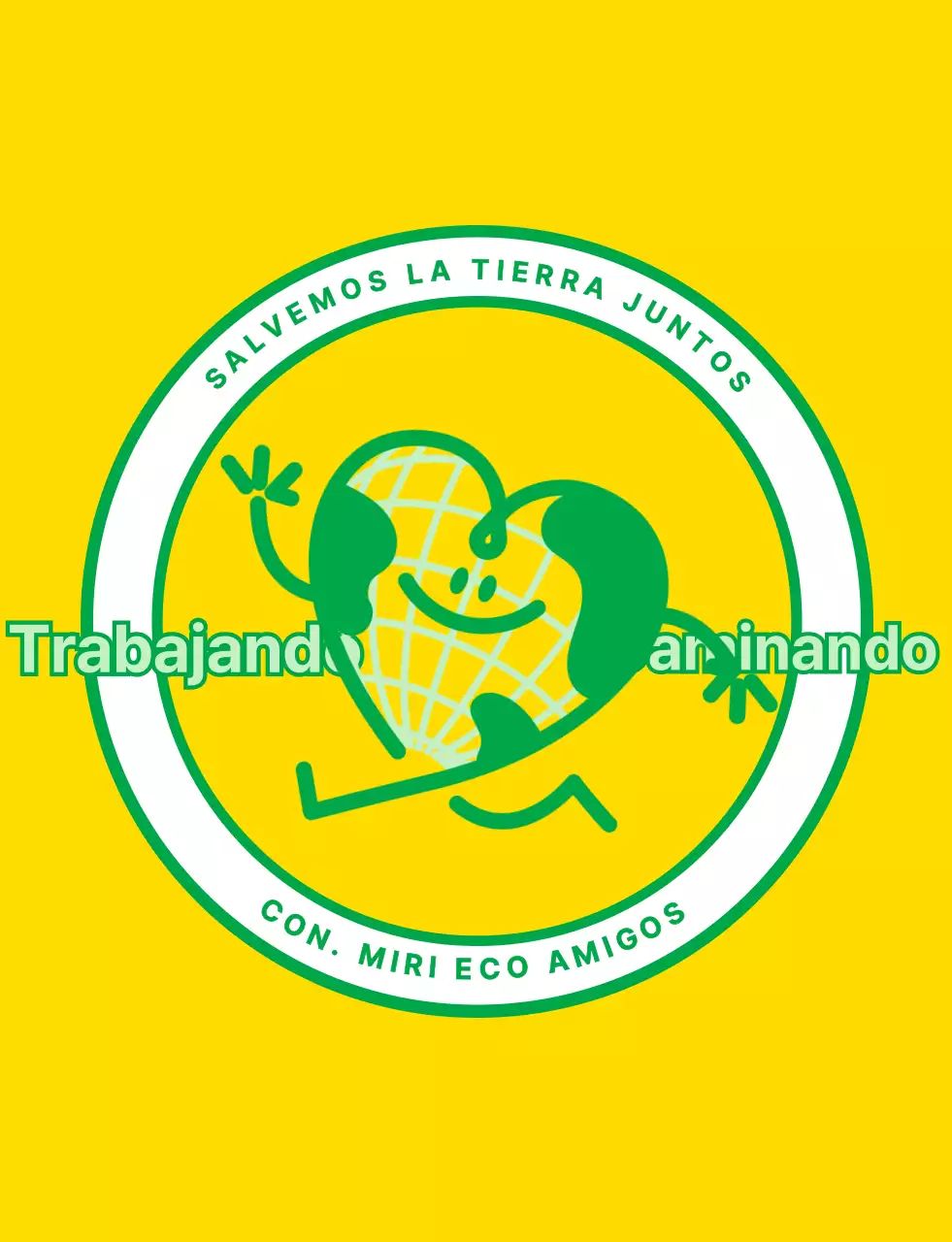 Emblema de logotipo con un simpático personaje de la Tierra en amarillo y verde para una organización de campaña medioambiental mundial.