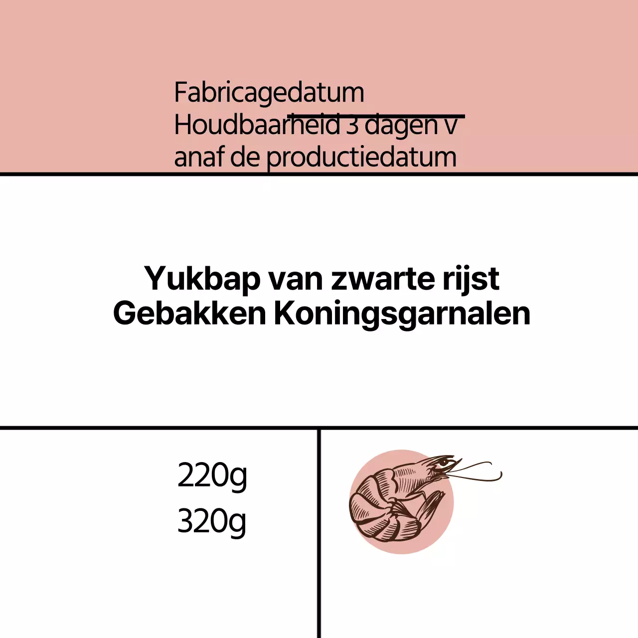 roze illustratie eenvoudig voedsel zwarte rijst gebakken garnalen label