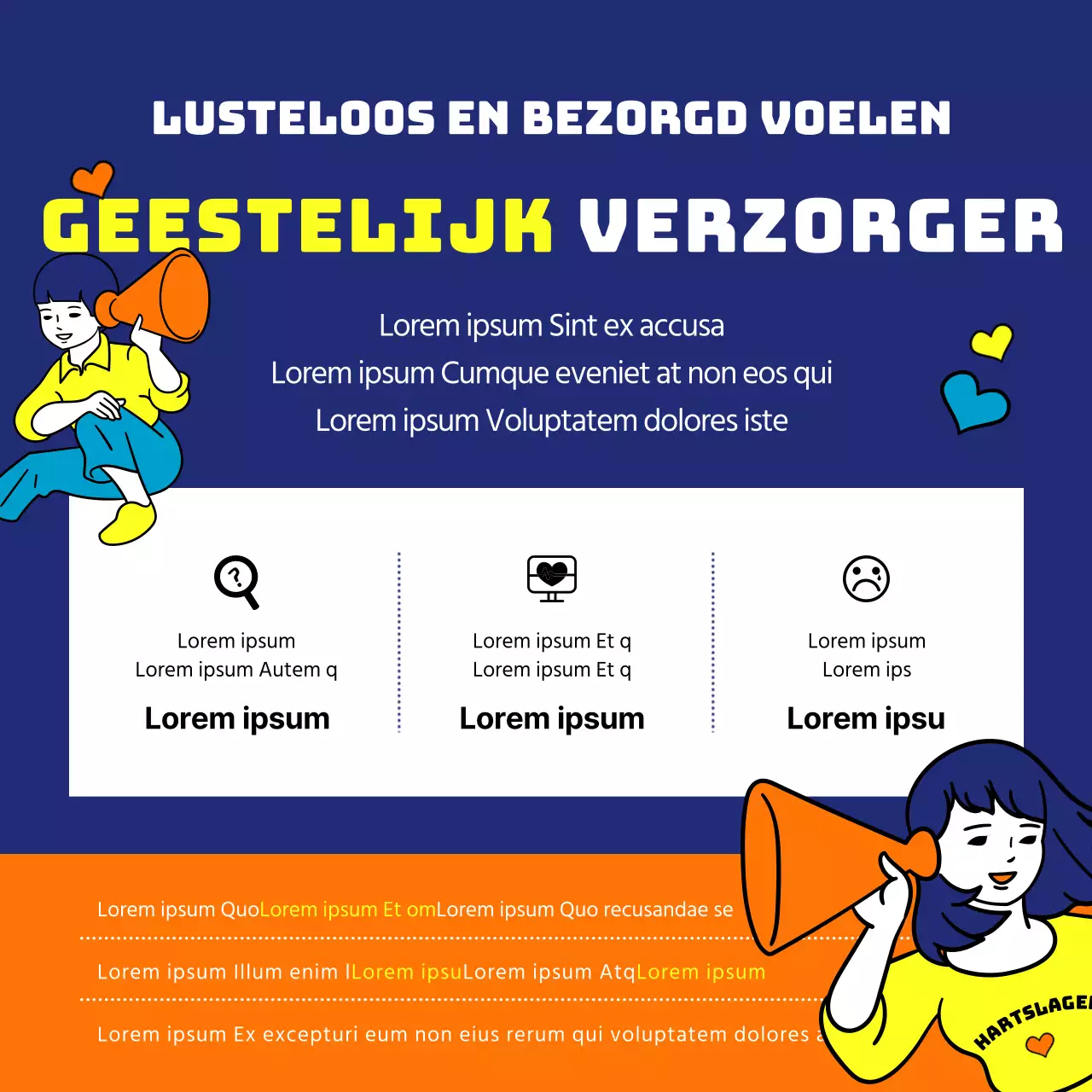 Meld je aan om meldingen te ontvangen over beleidsinformatie over jeugdhulp met komische en speelse oranje en marineblauwe illustraties