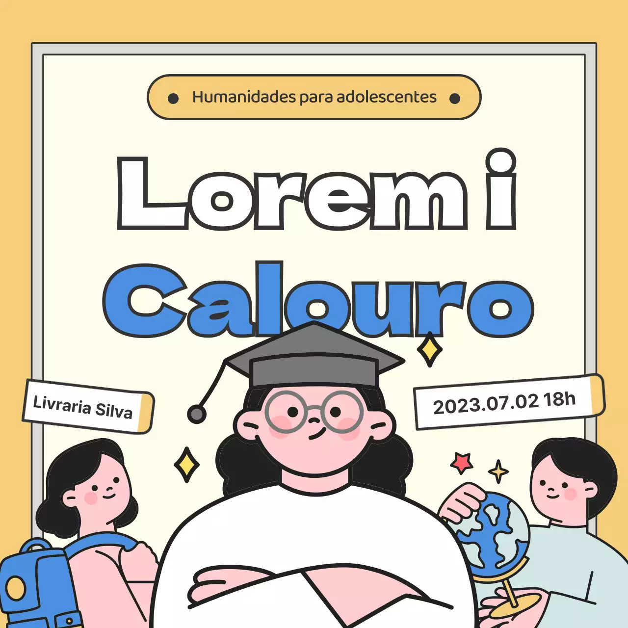 Palestra sobre humanidades com ilustração de um aluno amarelo-azul no quadro de giz