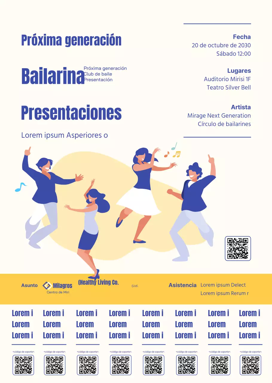 Ilustración de estilo sencillo en azul y amarillo para anunciar y promocionar información sobre recitales de bailarines