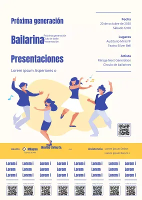 Ilustración de estilo sencillo en azul y amarillo para anunciar y promocionar información sobre recitales de bailarines