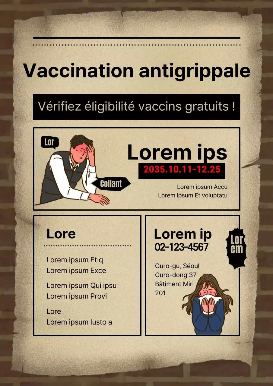Concept caricatural de guide de vaccination en milieu hospitalier sur fond de briques brunes et d'illustrations de personnes malades en texture de papier