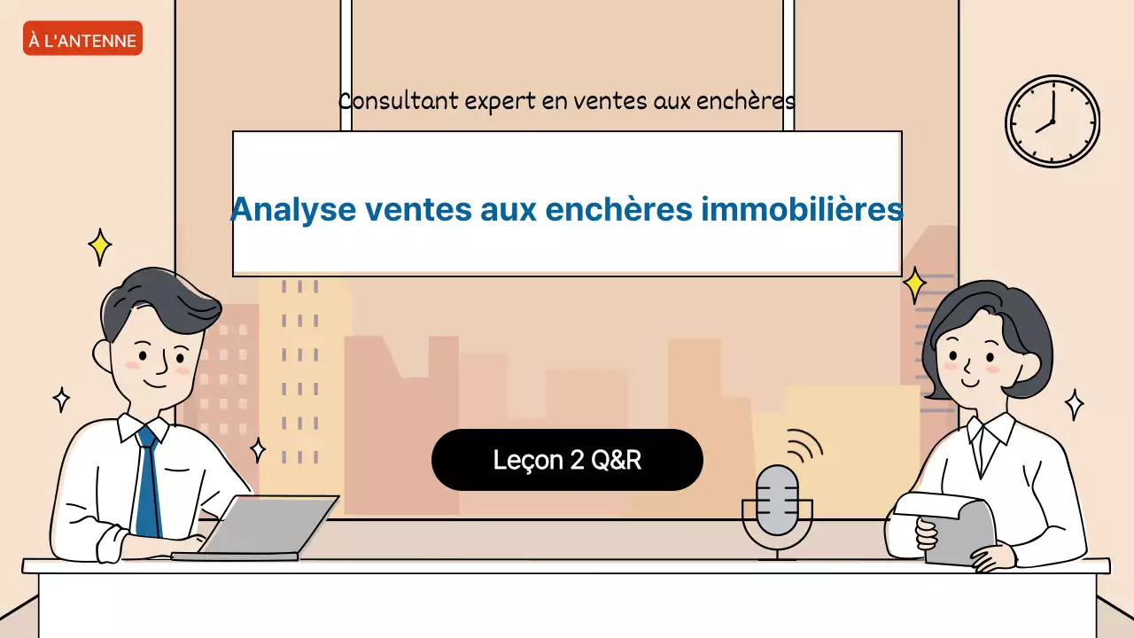Vignette YouTube d'une vente aux enchères immobilière avec un concept de questions-réponses sur une cabine de radio rose