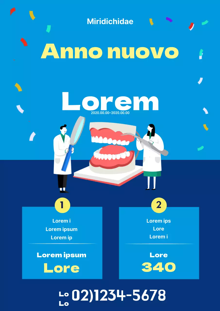 Volantino promozionale per evento dentale di Capodanno in blu e giallo