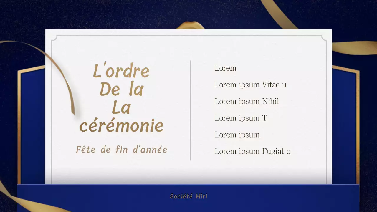Une invitation or et marine à une fête de fin d'année avec un ordre de service cérémonieux