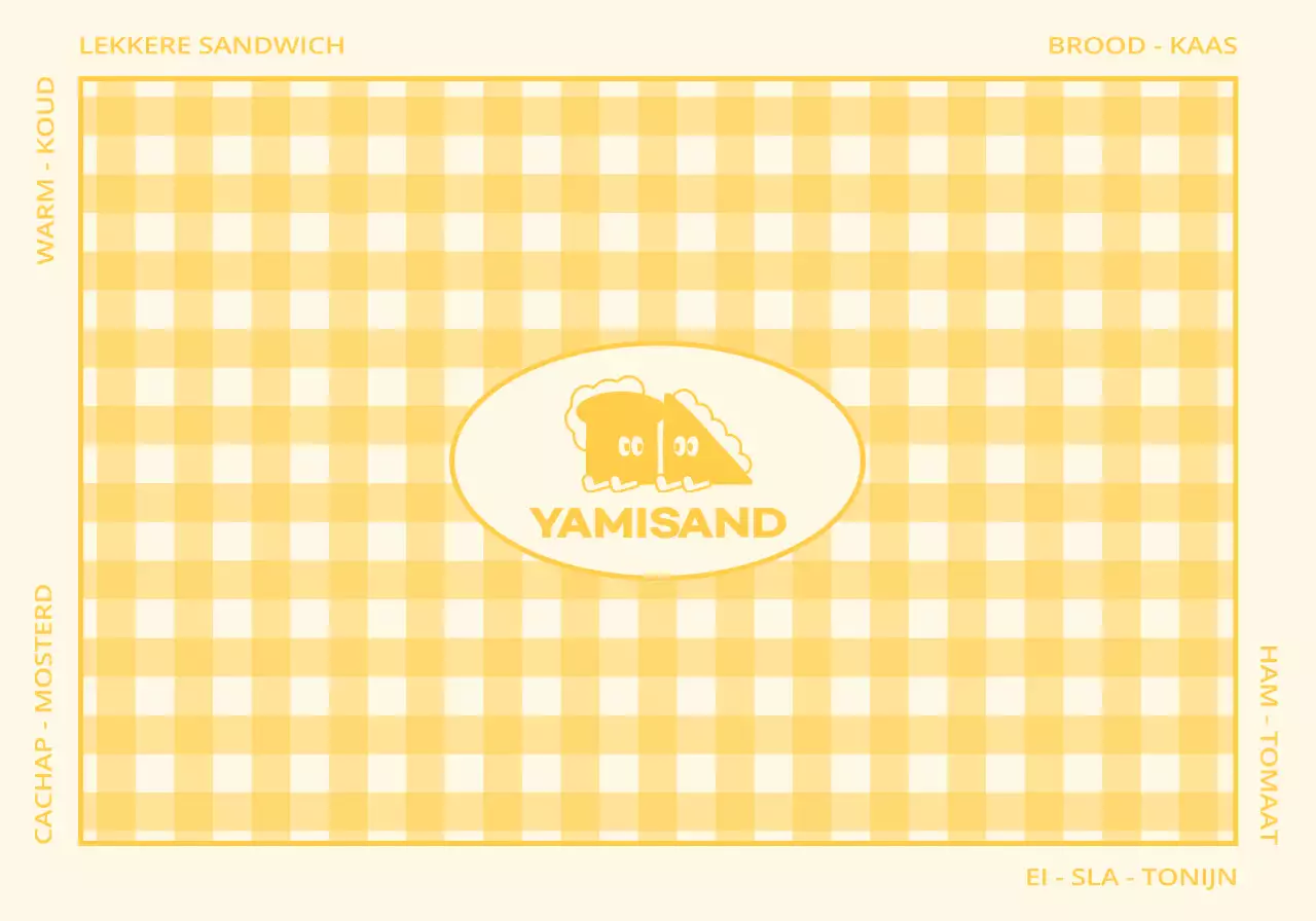 Een broodjeszaak met een rood en geel ruitpatroon en schattige figuurtjes