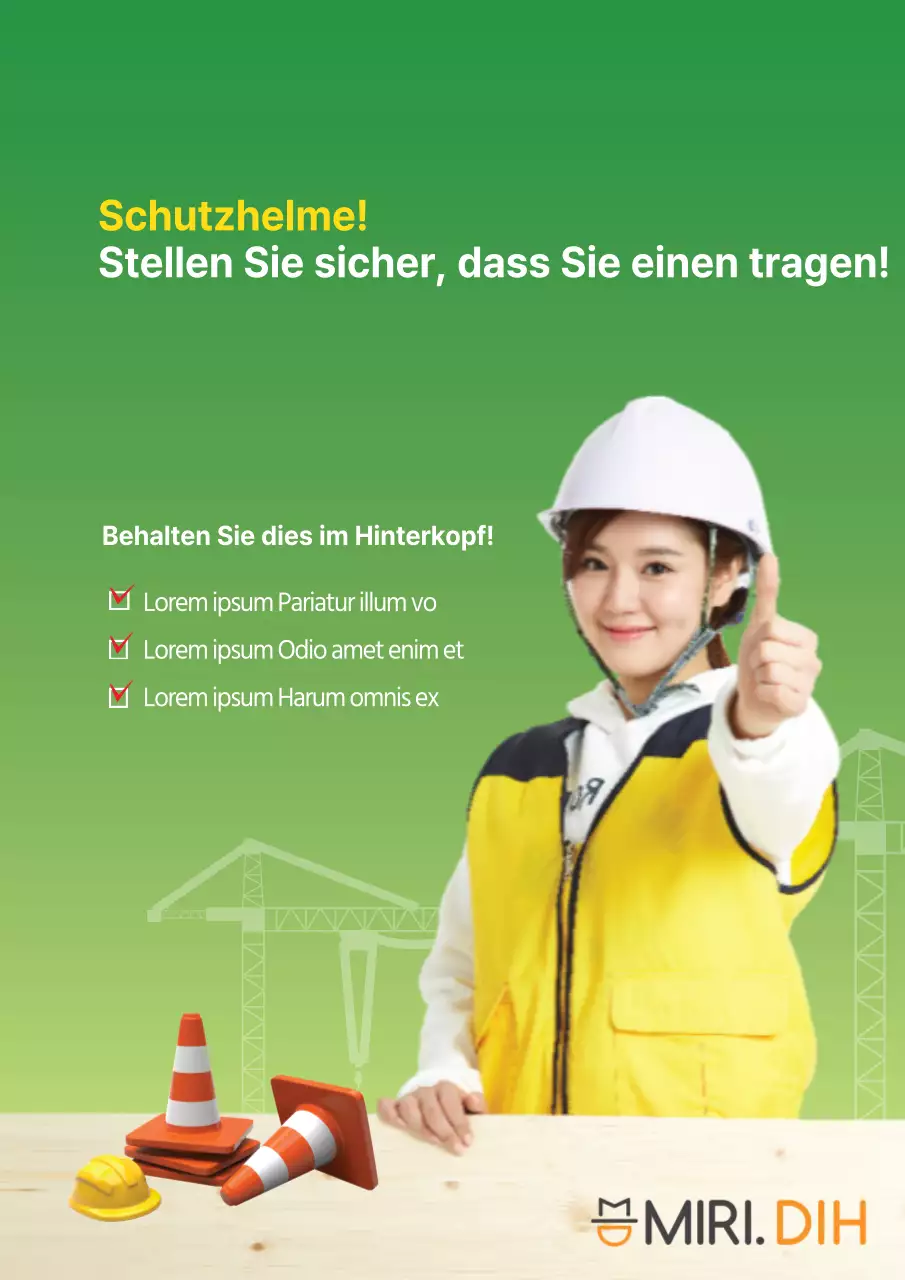 Ordentliche Sicherheitstipps für Baustellen mit einer Frau in einem grünen Schutzhelm