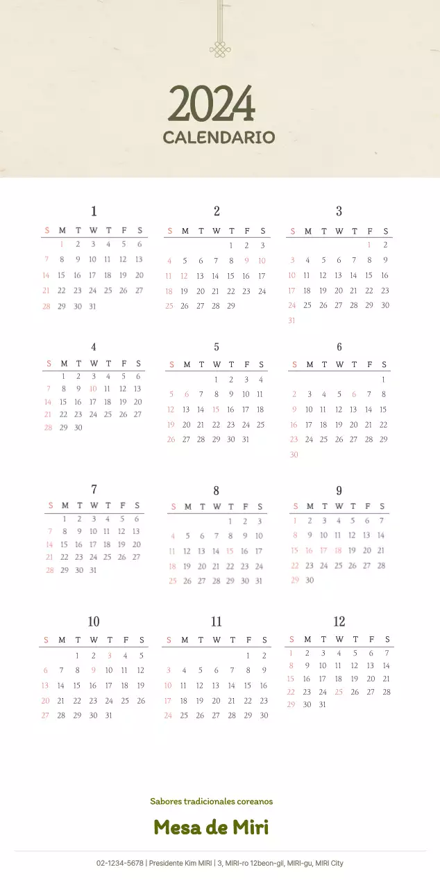 Concepto de restaurante coreano tradicional calendario de cupones en beige y marrón