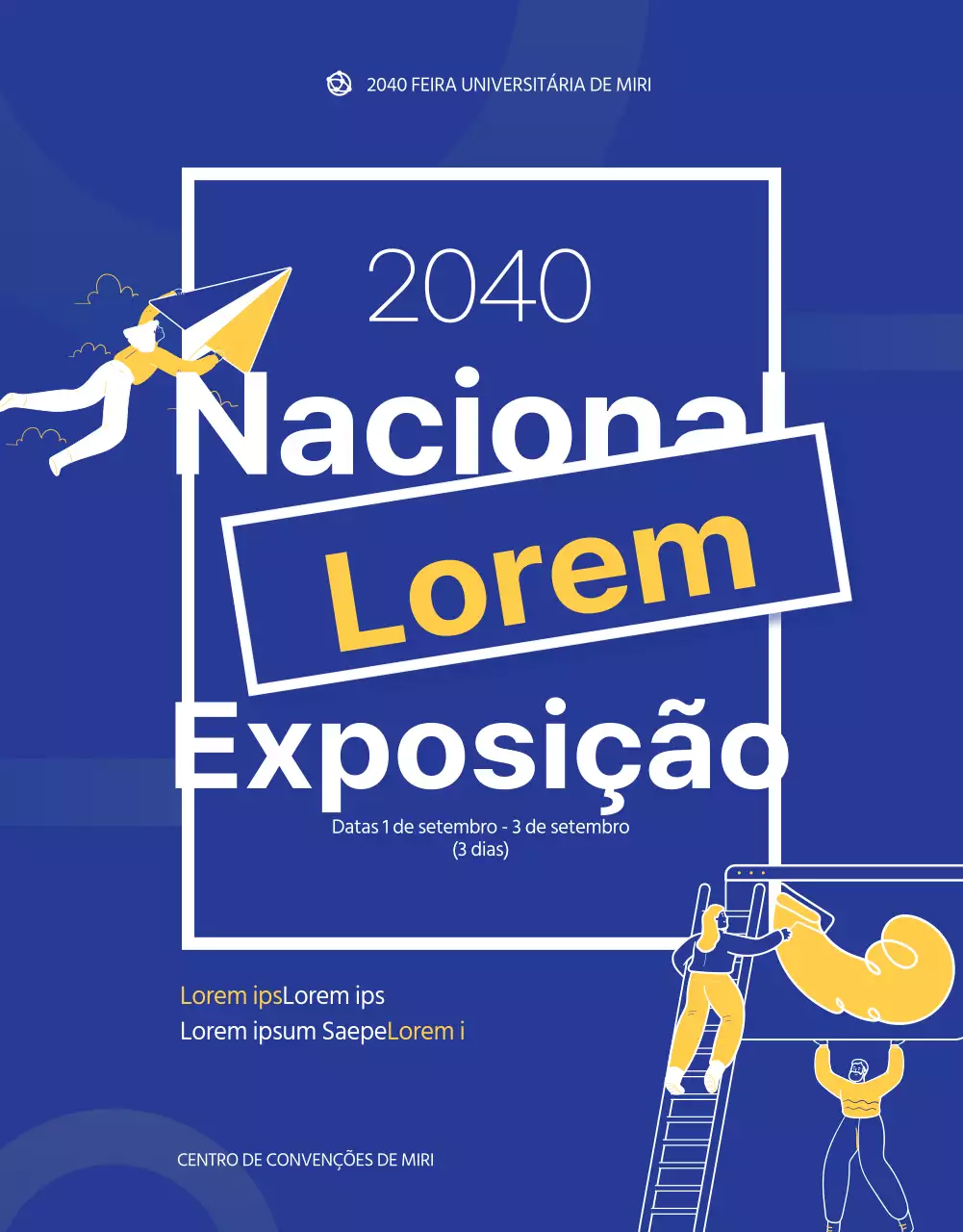 Ilustração azul e amarela de uma feira de admissão à universidade