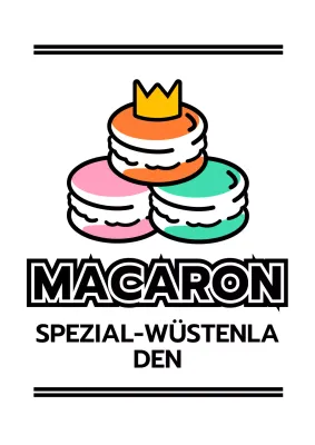 Werbung für ein Dessertgeschäft mit einer Illustration von Makronen in Schwarz und Akzentfarben
